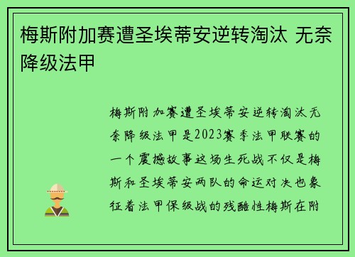 梅斯附加赛遭圣埃蒂安逆转淘汰 无奈降级法甲
